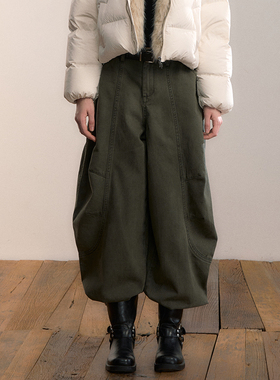 VIA PITTI 休闲裤女军绿色宽松阔腿直筒长裤2025冬季新款官方授权