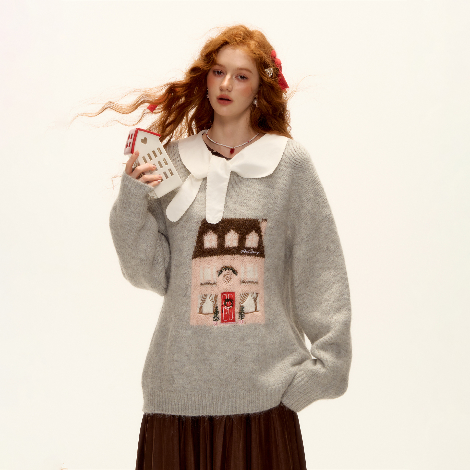 AsGony毛衣房子提花刺绣圆领