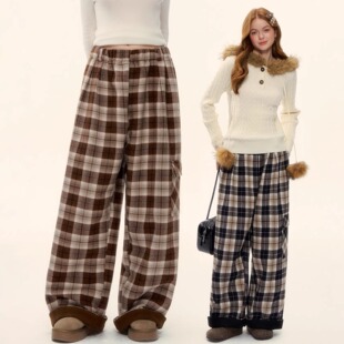 新款 AsGony休闲裤 脚2025冬季 松紧格纹阔腿口袋翻边裤 官方授权 时尚