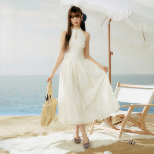 AsGony连衣裙女生新中式 官方授权 提花刺绣挂脖长裙2024年春夏新款