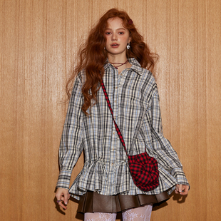 新款 格纹上衣2025秋季 官方授权 女休闲百搭下摆抽皱长袖 AsGony衬衫