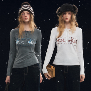 SOMESOWE 长袖T恤旋转木马印花绒感休闲上衣2025冬季新款官方授权