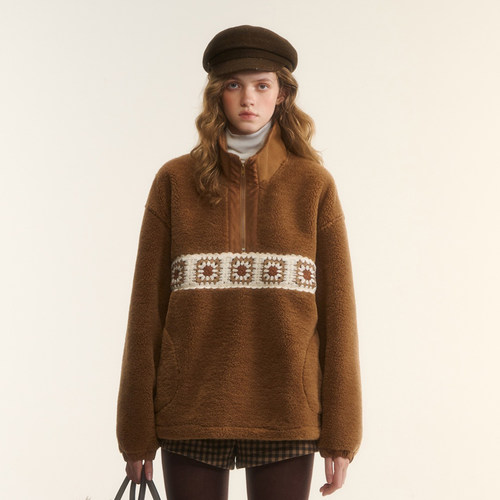 AsGony卫衣钩针花朵颗粒绒拉链