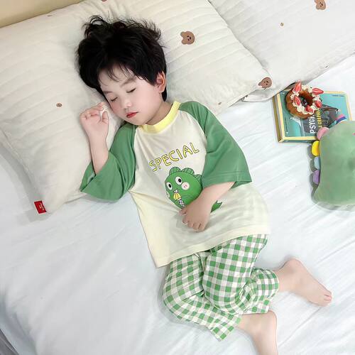 儿童睡衣莫代尔夏季家居服男孩宝宝空调服薄款卡通撞色宽松女套装