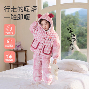 女童三层夹棉睡衣冬季新款女孩宝宝连帽加绒加厚儿童冬款家居服新