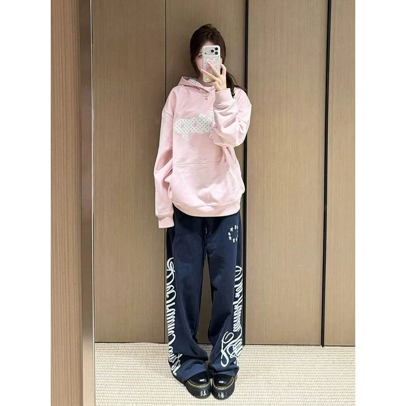 美式复古男女秋冬季宽松休闲运动阔腿卫裤时尚印花韩版休闲裤个性