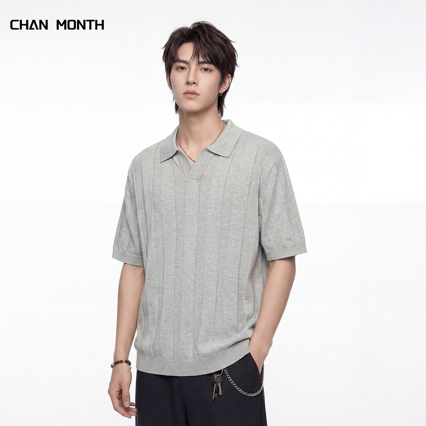 CHAN MONTH夏季美式老钱风POLO领短袖T恤男百搭针织衫
