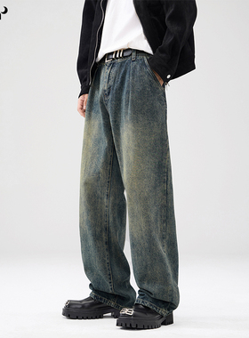 CHAN MONTH美式复古水洗牛仔裤秋新款潮牌宽松直筒重工做旧裤子
