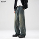MONTH美式 复古水洗牛仔裤 秋新款 CHAN 潮牌宽松直筒重工做旧裤 子