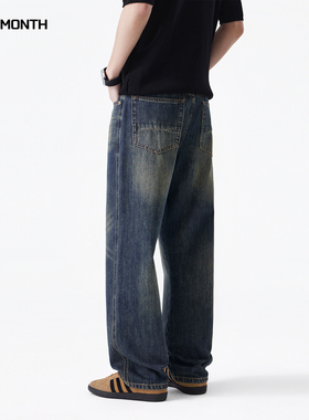 CHAN MONTH美式复古牛仔裤男潮牌百搭春季水洗阔腿高街直筒长裤子