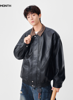 CHAN MONTH美式复古黑色皮衣男秋季潮牌宽松休闲机车夹克外套