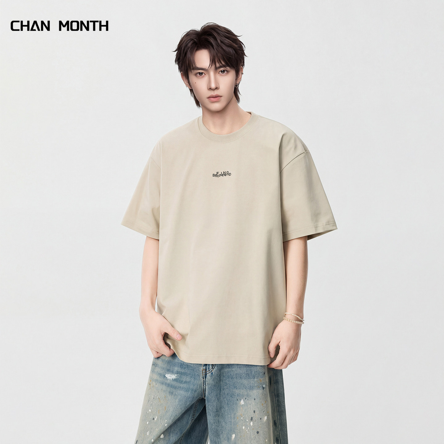 CHAN MONTH夏季潮牌百搭短袖T恤男宽松圆领简约字母刺绣上衣