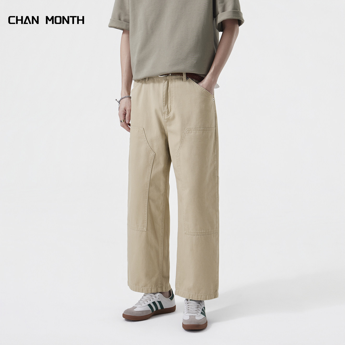 CHAN MONTH美式复古风宽松直筒工装裤男卡其色春季休闲九分裤子
