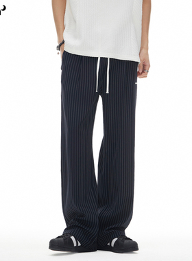 CHAN MONTH美式复古条纹休闲裤男夏季新款宽松直筒阔腿拖地长裤子