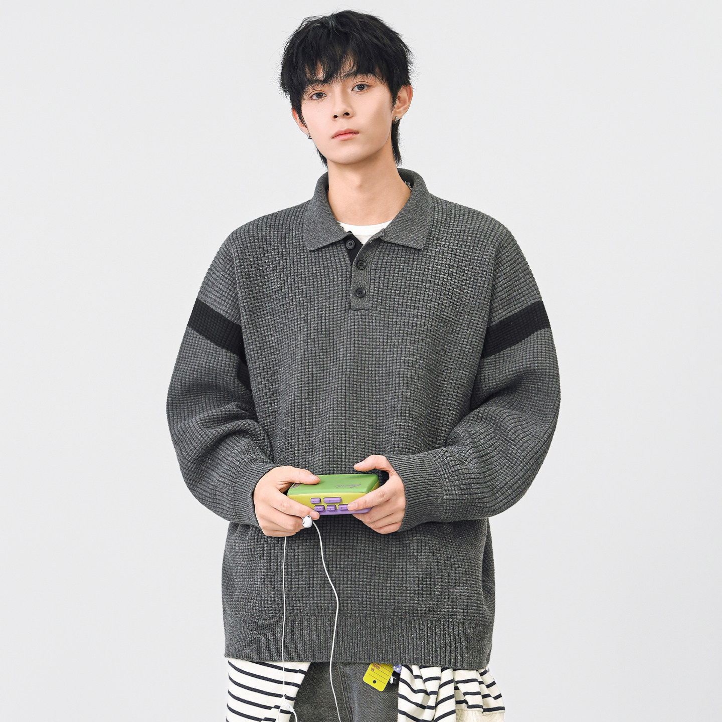 CHAN MONTH式复古休闲翻领针织日系毛衣男秋季潮牌长袖上衣