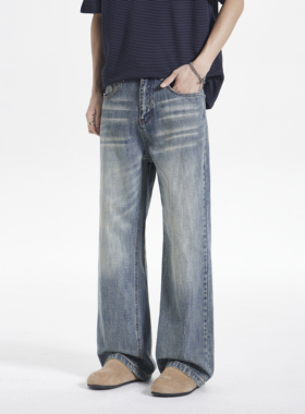 CHAN MONTH美式复古水洗牛仔裤男款高街春季潮牌宽松直筒长裤子