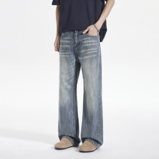 CHAN MONTH美式复古水洗牛仔裤男款高街春季潮牌宽松直筒长裤子