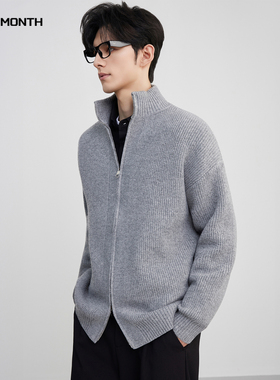 CHAN MONTH 美式复古立领拉链灰色开衫毛衣男秋季潮牌针织衫外套