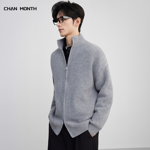 CHAN MONTH 美式复古立领拉链灰色开衫毛衣男秋季潮牌针织衫外套