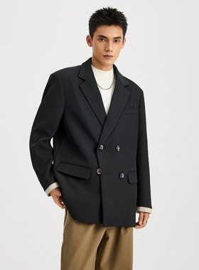 CHAN MONTH美式复古双排扣黑色西装外套男秋季潮牌宽松西服上衣