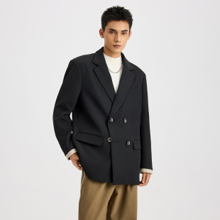 外套男秋季 复古双排扣黑色西装 潮牌宽松西服上衣 MONTH美式 CHAN