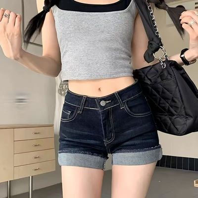 美式辣妹高腰性感超短裤热裤牛仔裤女夏季深蓝色设计感卷边短裤子
