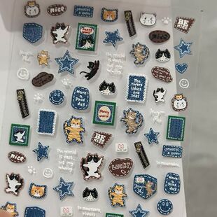 小红书爆款牛仔小猫咪ins复古美甲贴拉链五角星浮雕立体背胶指甲
