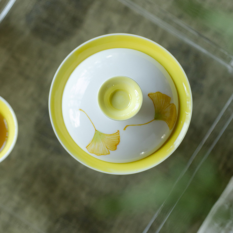 望山玉泥手绘银杏叶陶瓷盖碗功夫茶具釉下彩文人家用泡茶碗盖碗