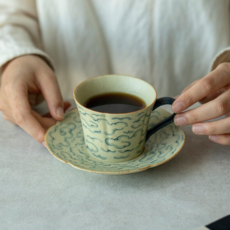 纯手绘咖啡杯青花火石带杯垫祥云咖啡杯