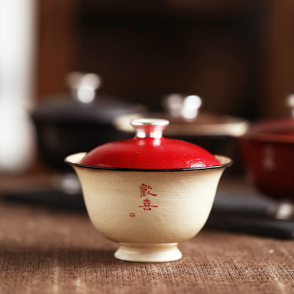 故宫红鎏银欢喜二才盖碗景德镇手工陶作功夫茶具茶碗140ml