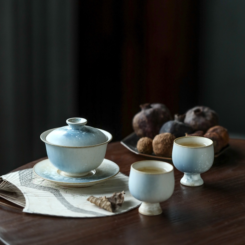 结晶松针极光三才盖碗景德镇手工窑变茶具套组140ml一碗四杯套装