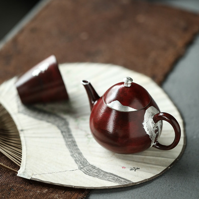 故宫红水滴壶景德镇全手工原矿茶壶高温鎏银远山泡茶器80ml