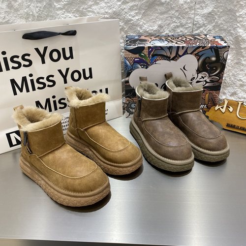 小熊考拉可擦皮面厚底松糕原皮原毛加厚保暖雪地靴东北百搭面包鞋