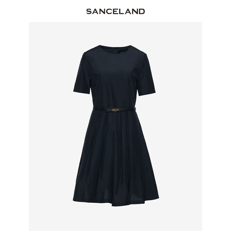 SANCELAND三石一澜夏新款黑色丝棉圆领优雅收腰连衣裙SH24101095