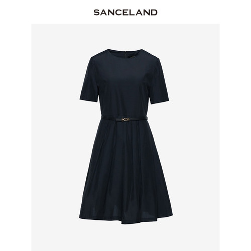 SANCELAND三石一澜夏新款黑色丝棉圆领优雅收腰连衣裙SH24101095