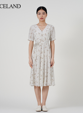 三石一澜真丝法式V领碎花连衣裙女收腰中长裙优雅气质SG24102140
