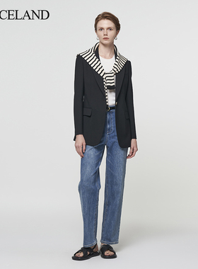 三石一澜精仿羊毛黑色西装女修身长袖老钱风职场外套SH35101081