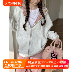 TAKECHANCES秋冬bm撞色格纹拉链帽衫 加绒连帽开衫 STORE 卫衣女