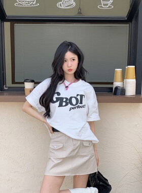 TC STORE GBOT夏季国潮牌字母发泡印花纯棉圆领短袖t恤男女情侣装