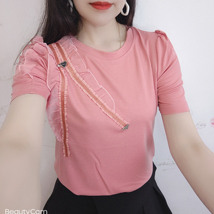 纯棉弹力设计木耳边减龄短袖 花边袖 2025年新款 时尚 t恤女 上衣夏季