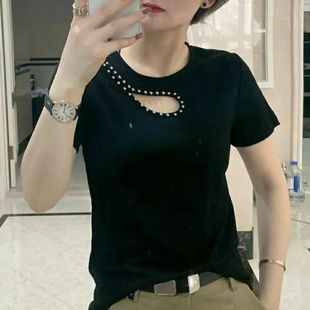 漏洞钉珠性感短袖 上衣 t恤女超火网红欧洲站夏季 欧货纯棉2025新款