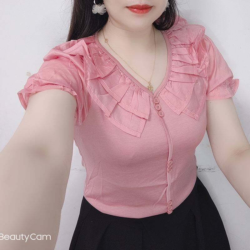 2026夏季新款时尚百搭显瘦v领短袖上衣女设计感小众荷叶边小衫女