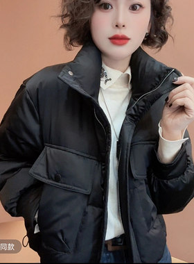黑色羽绒服女2026冬新款大口袋拼接白鸭绒小个子加厚夹克超短外套