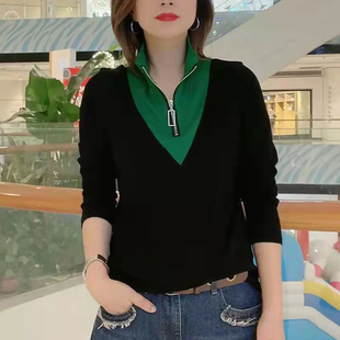 时尚 欧洲站长袖 翻领t恤韩版 立领拉链纯棉上衣2025新款 百搭女 春款