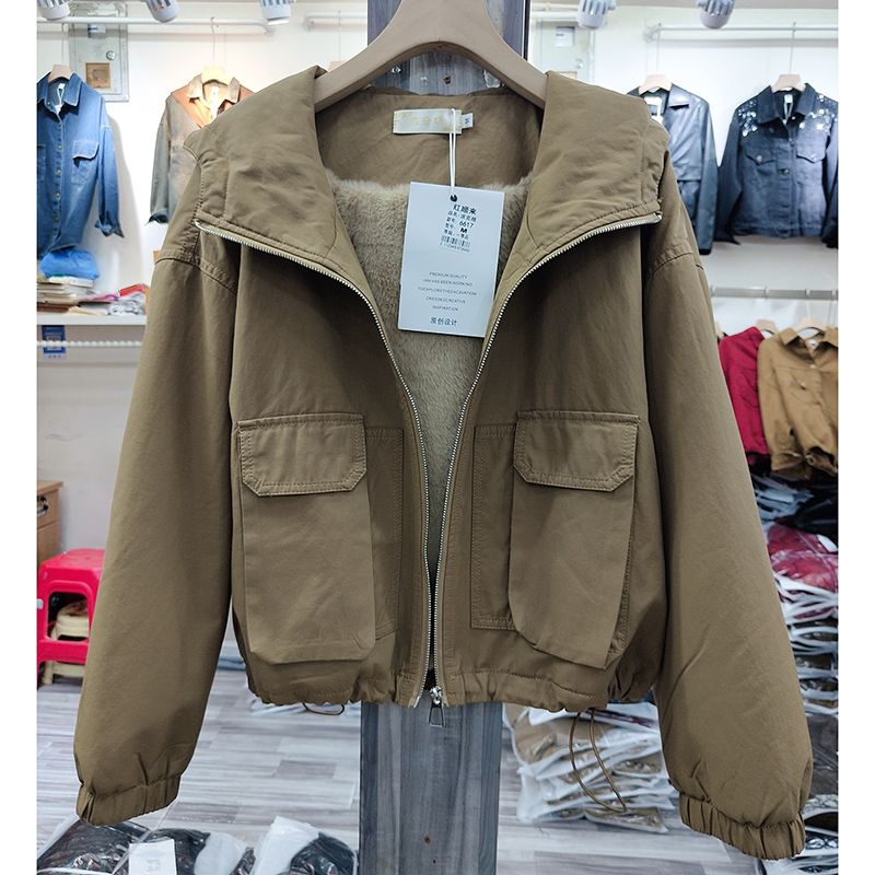 欧洲站口袋加绒派克服女短款2025秋冬新款宽松高端工装加厚外套潮
