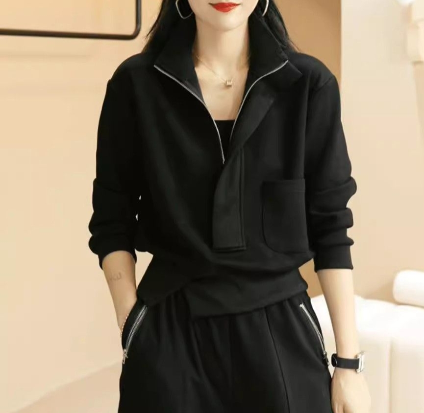 法式设计感黑色短款卫衣女装2024秋季爆款时尚高级小个子慵懒上衣