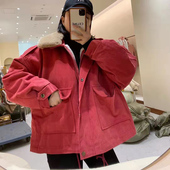 宽松港风短款 欧货派克服兔绒工装 外套女加绒加厚新款 派克服百搭潮