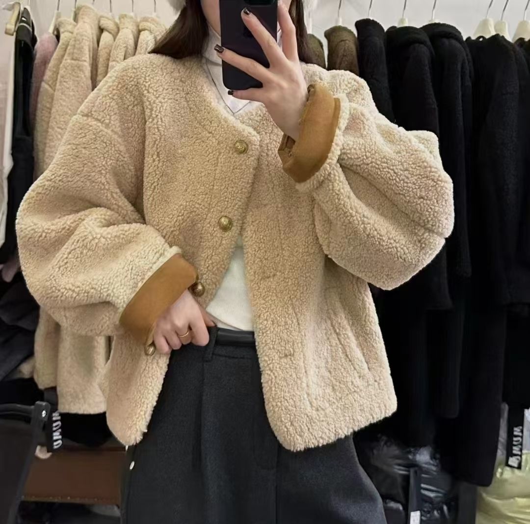 2025秋冬新款韩版宽松圆领仿皮毛一体上衣加厚潮羊羔毛外套女