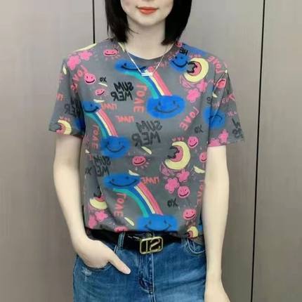纯棉花朵印花短袖t恤2025夏季新款爆款宽松上衣百搭花色网红小衫