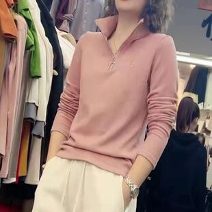 加绒长袖T恤女2026春款新款半拉链立领显瘦上衣纯色小刺绣打底衫